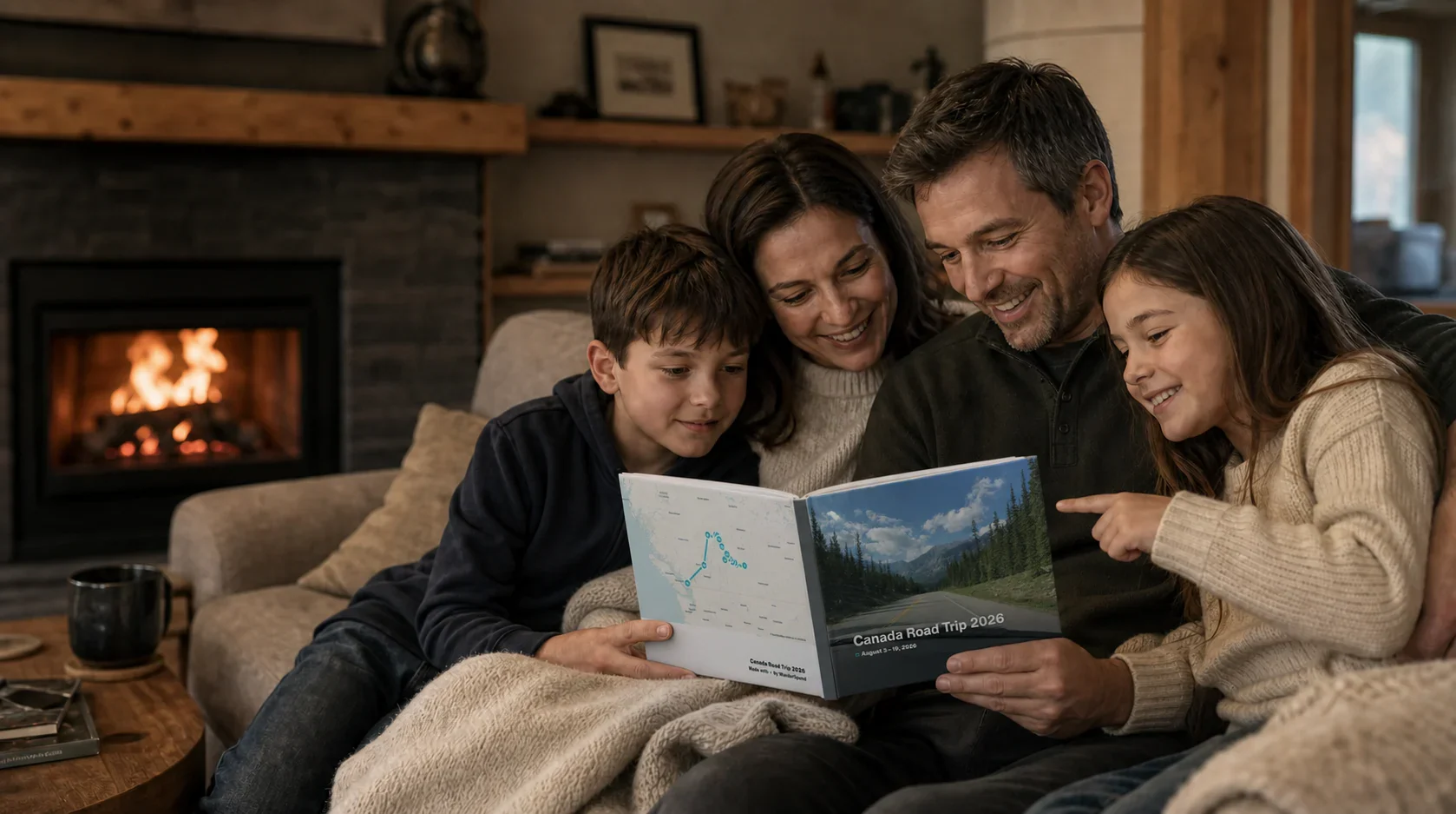 Una famiglia rivive il road trip in Canada sfogliando insieme il Photobook WanderSpend davanti al camino