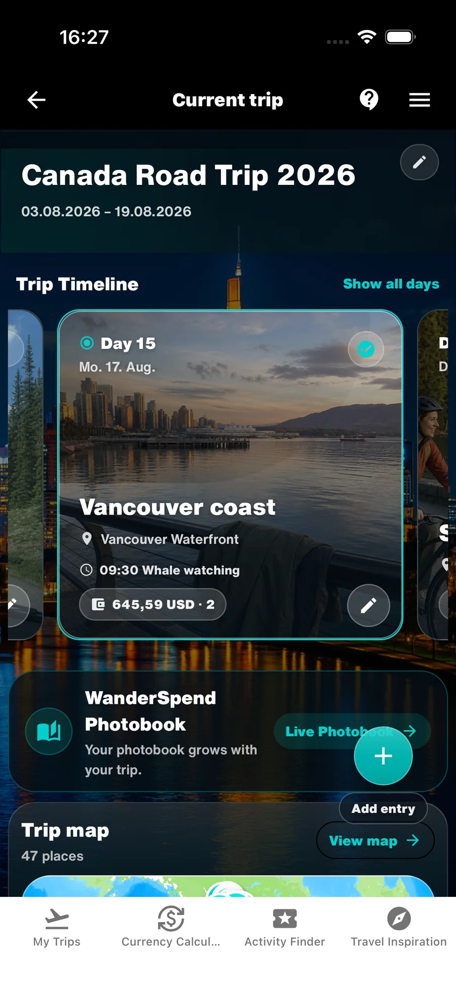 WanderSpend Reiseplaner mit der Reise Canada Road Trip 2026, Trip Timeline, Photobook und Trip Map