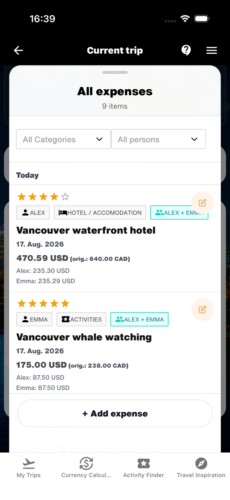 WanderSpend Ausgabenliste mit Kategorien, Personen, Cost Split und automatischer CAD-zu-USD-Währungsumrechnung