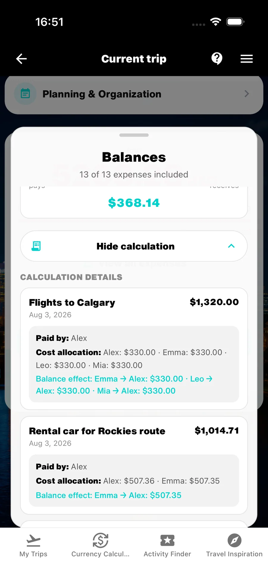 WanderSpend calculation details with payer, cost allocation and balance effect for each expense