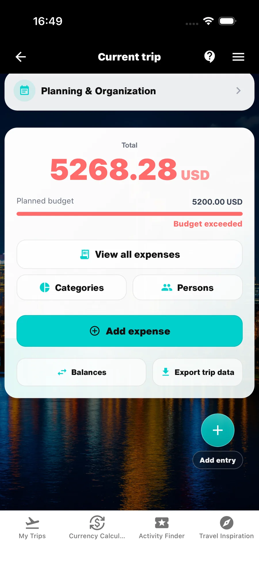 WanderSpend Budget Card with the upcoming Balances entry