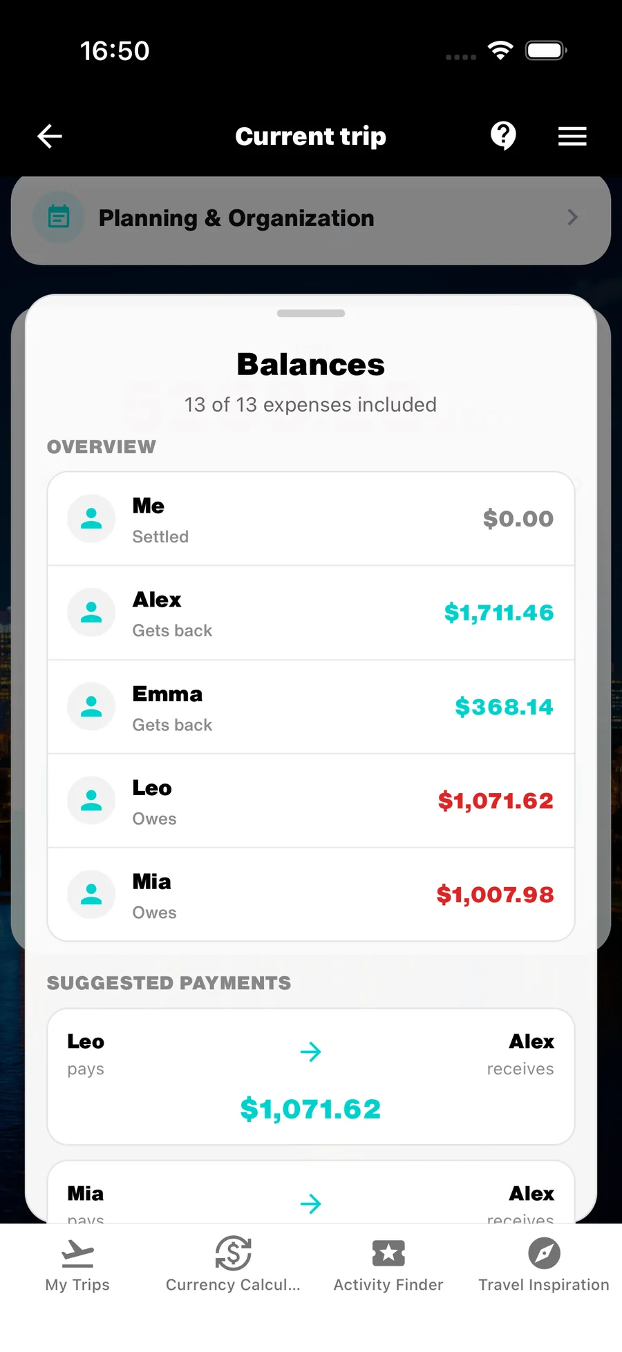 Upcoming WanderSpend Trip Balances overview for a Canada family road trip