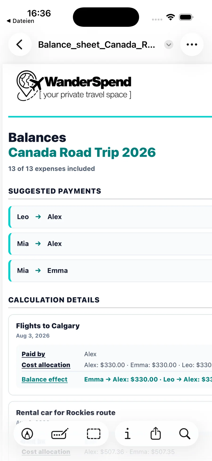 Branded WanderSpend Balances PDF preview on iOS with logo, suggested payments and formatted calculation details