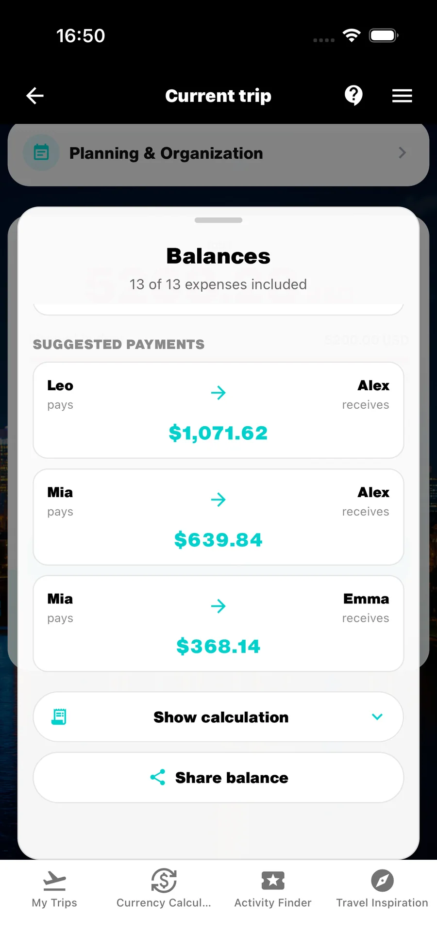 WanderSpend suggested payments with Show calculation and Share balance actions