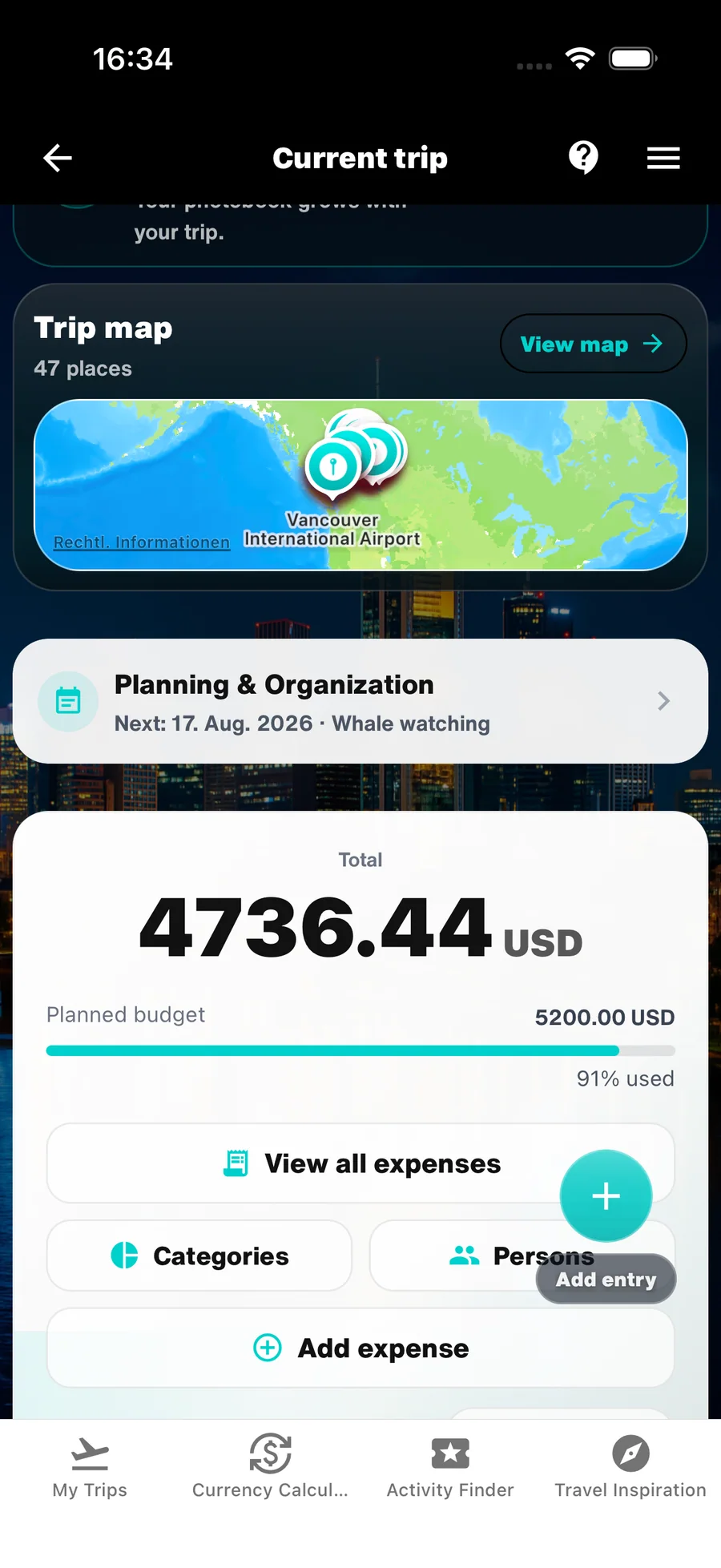 Kostenloser WanderSpend Travel Budget Tracker mit geplantem Reisebudget und tatsächlichen Ausgaben