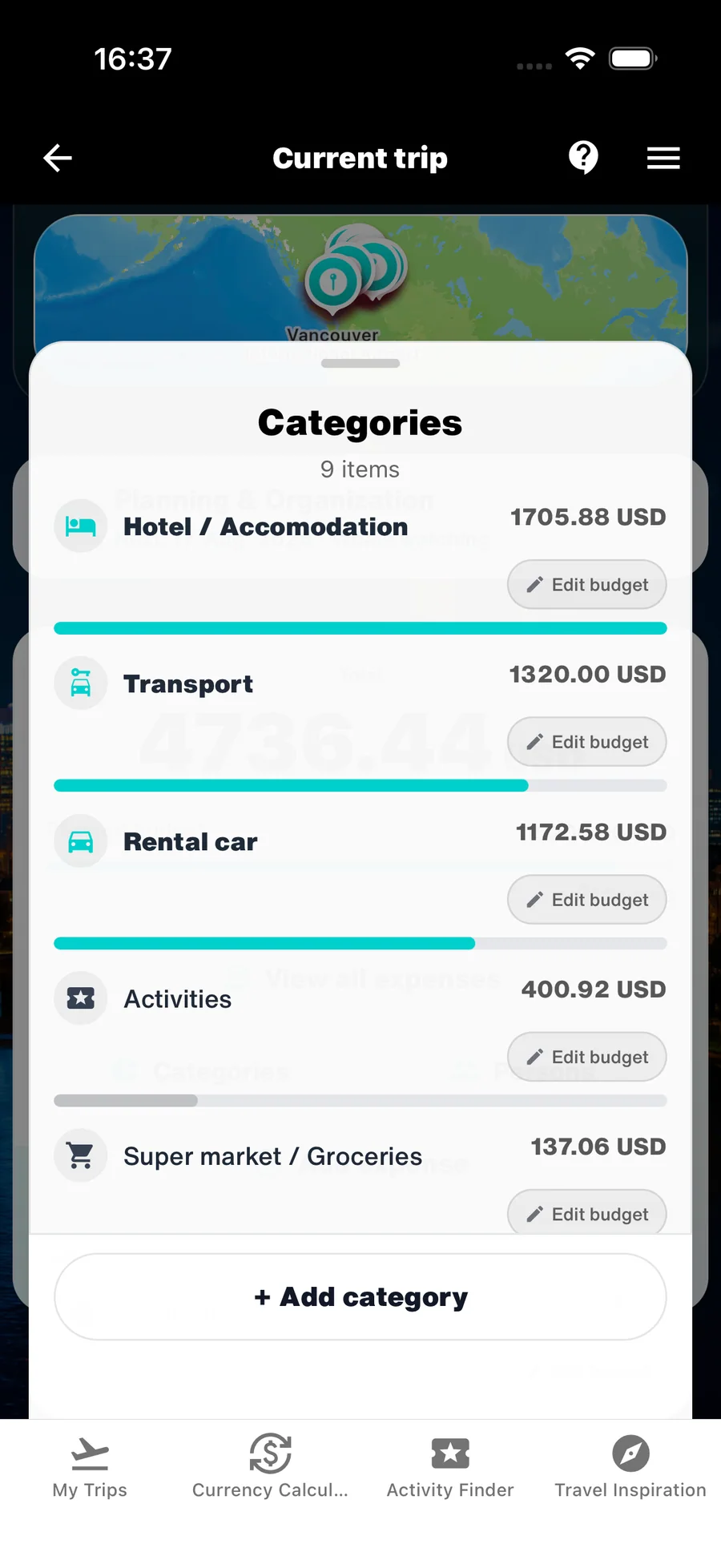 WanderSpend Ausgabenkategorien mit tatsächlichen Reisekosten und geplantem Budget pro Kategorie