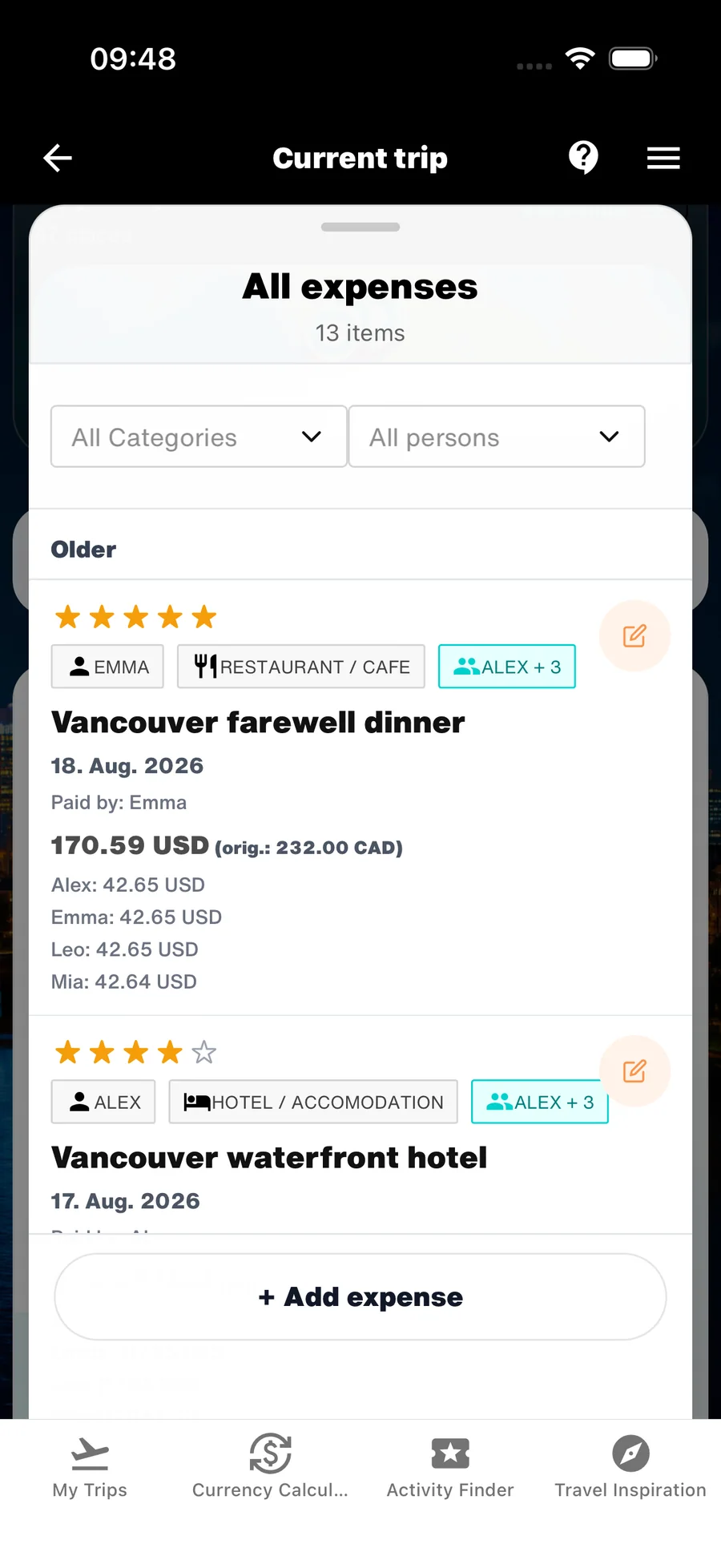 WanderSpend expense list showing the payer for each shared travel expense