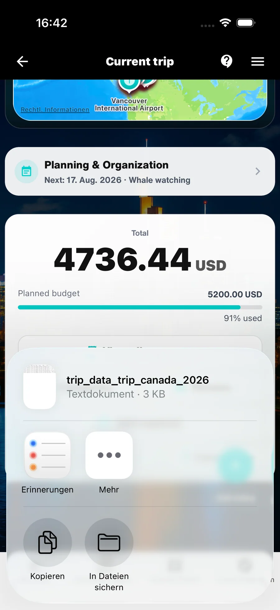 WanderSpend CSV-Export der Reiseausgaben zum Speichern in Dateien oder Öffnen in Excel und Numbers