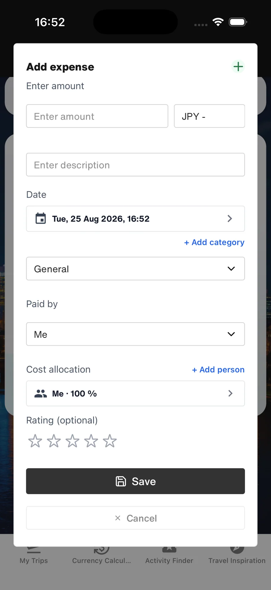 Upcoming WanderSpend expense form with Paid by and one Cost allocation