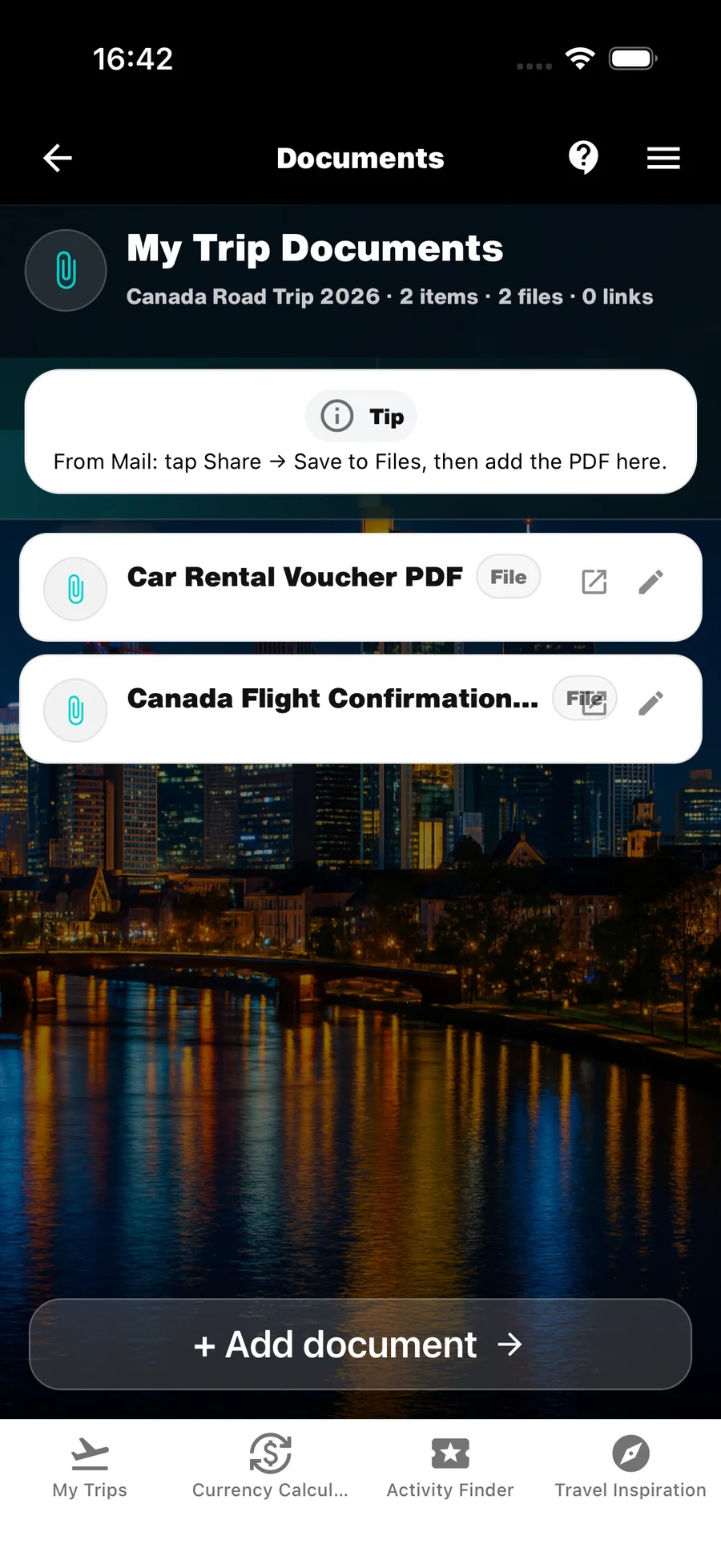 WanderSpend Reisedokumente-App mit Mietwagen-Voucher, Flugbestätigung und iOS-Mail-Hinweis