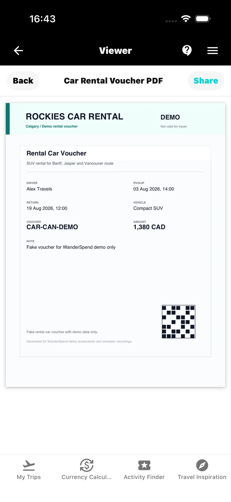PDF-Reisedokument als Mietwagen-Voucher direkt in WanderSpend öffnen