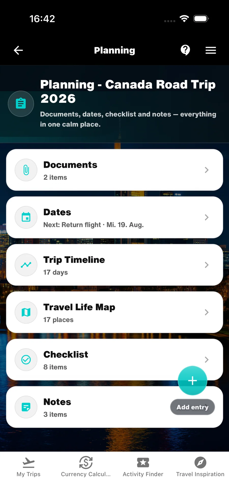 WanderSpend Planung und Organisation mit Dokumenten, Terminen, Trip Timeline, Karte und Checkliste