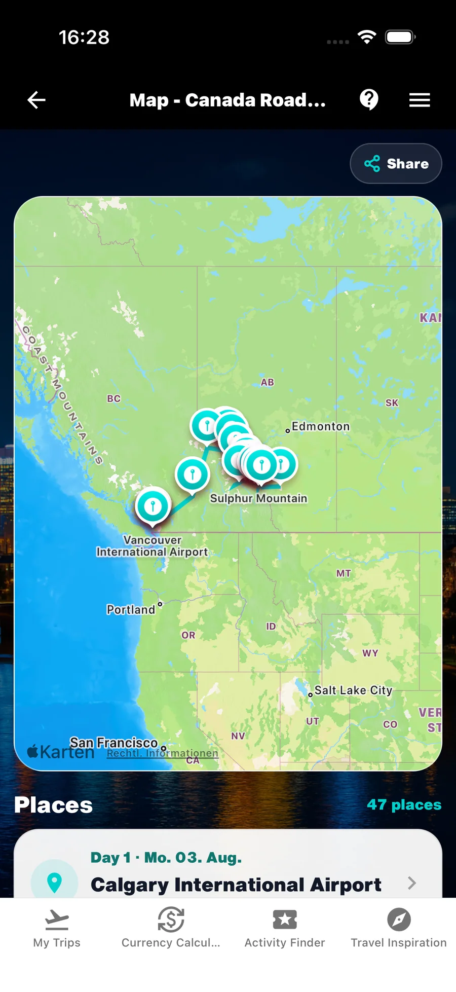 WanderSpend Trip Map mit Route und gespeicherten Orten für den Canada Road Trip 2026