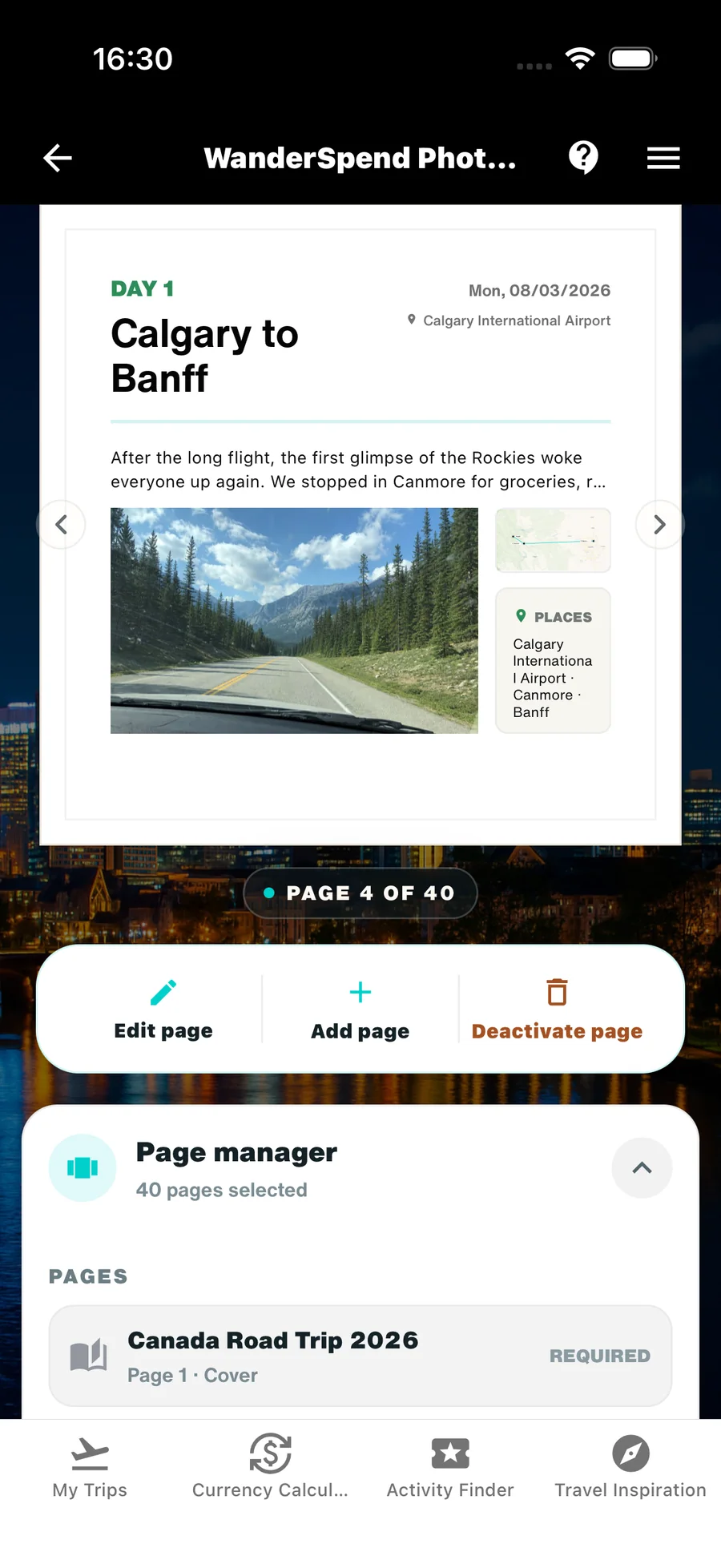 WanderSpend Photobook page manager with required and optional travel book pages