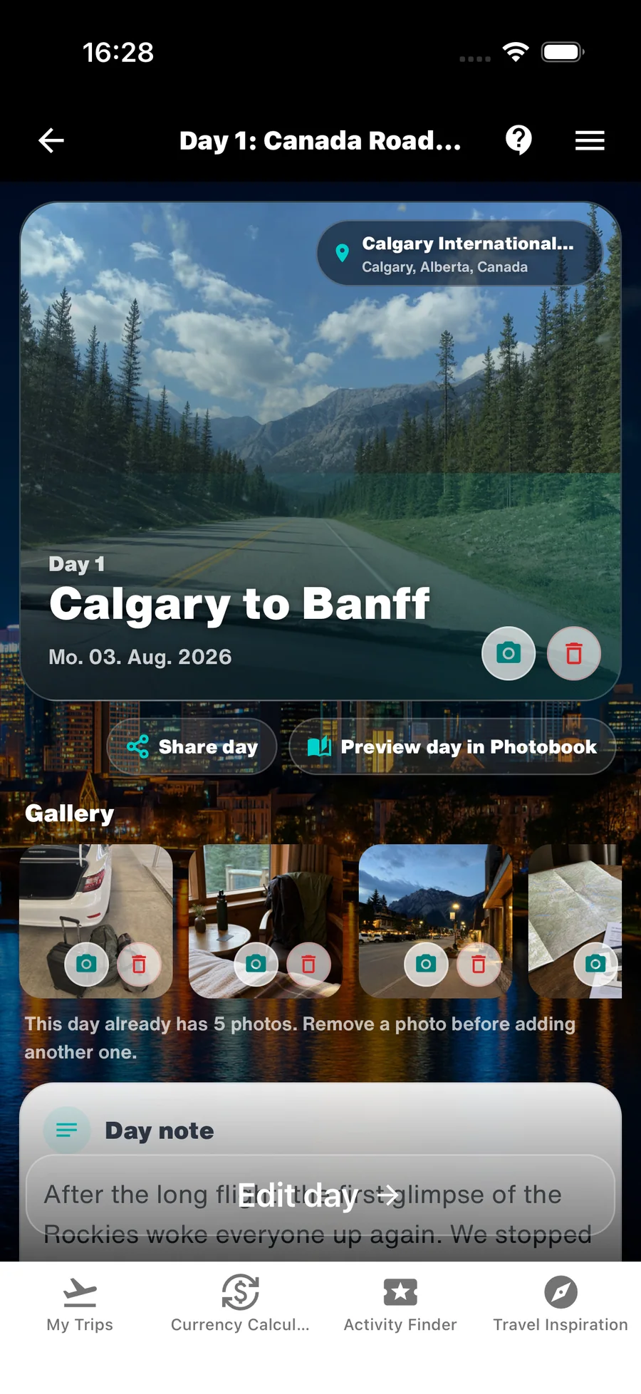 WanderSpend DayCard mit Tages-Headline, Ort, fünf Reisebildern und Tagesnotiz