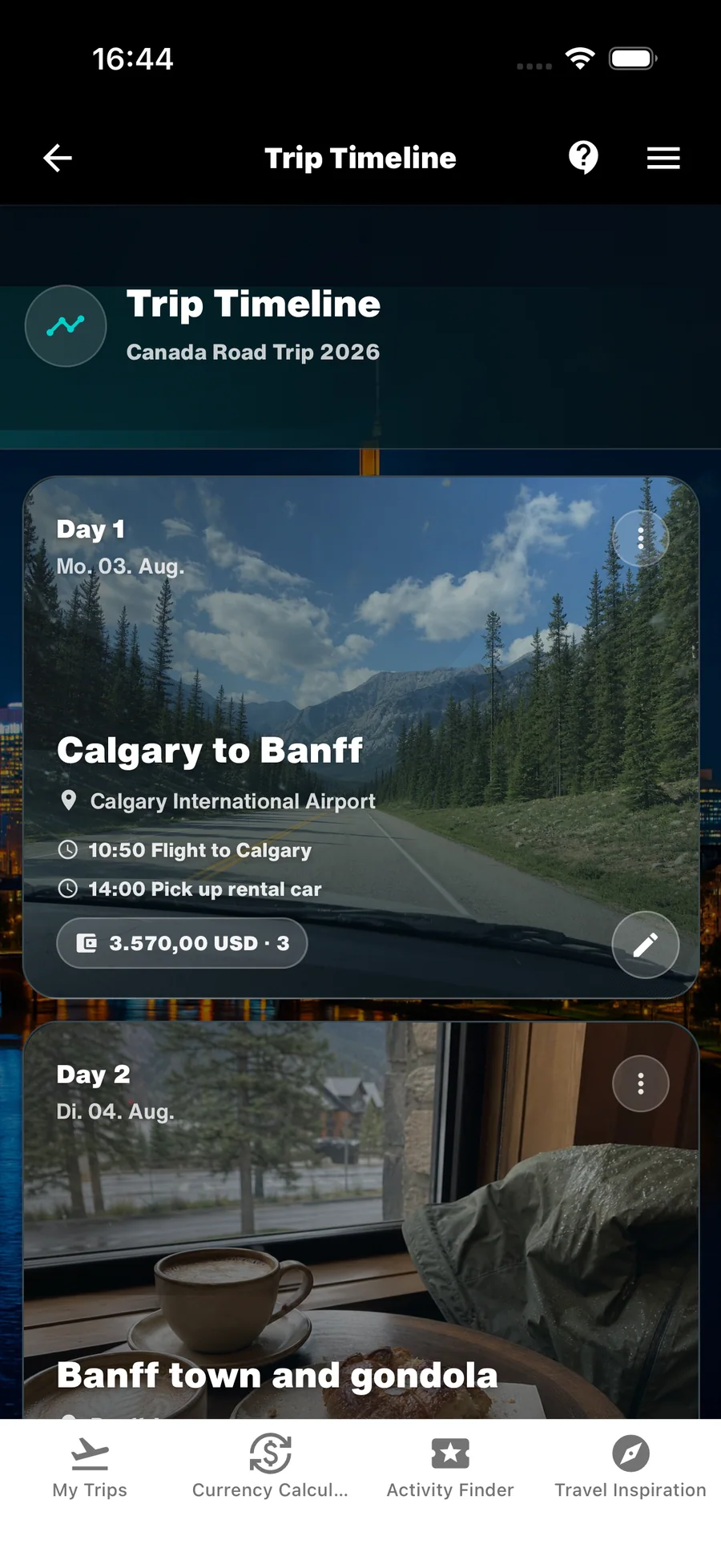 WanderSpend Trip Timeline für den Canada Road Trip mit DayCards nach Reisetag