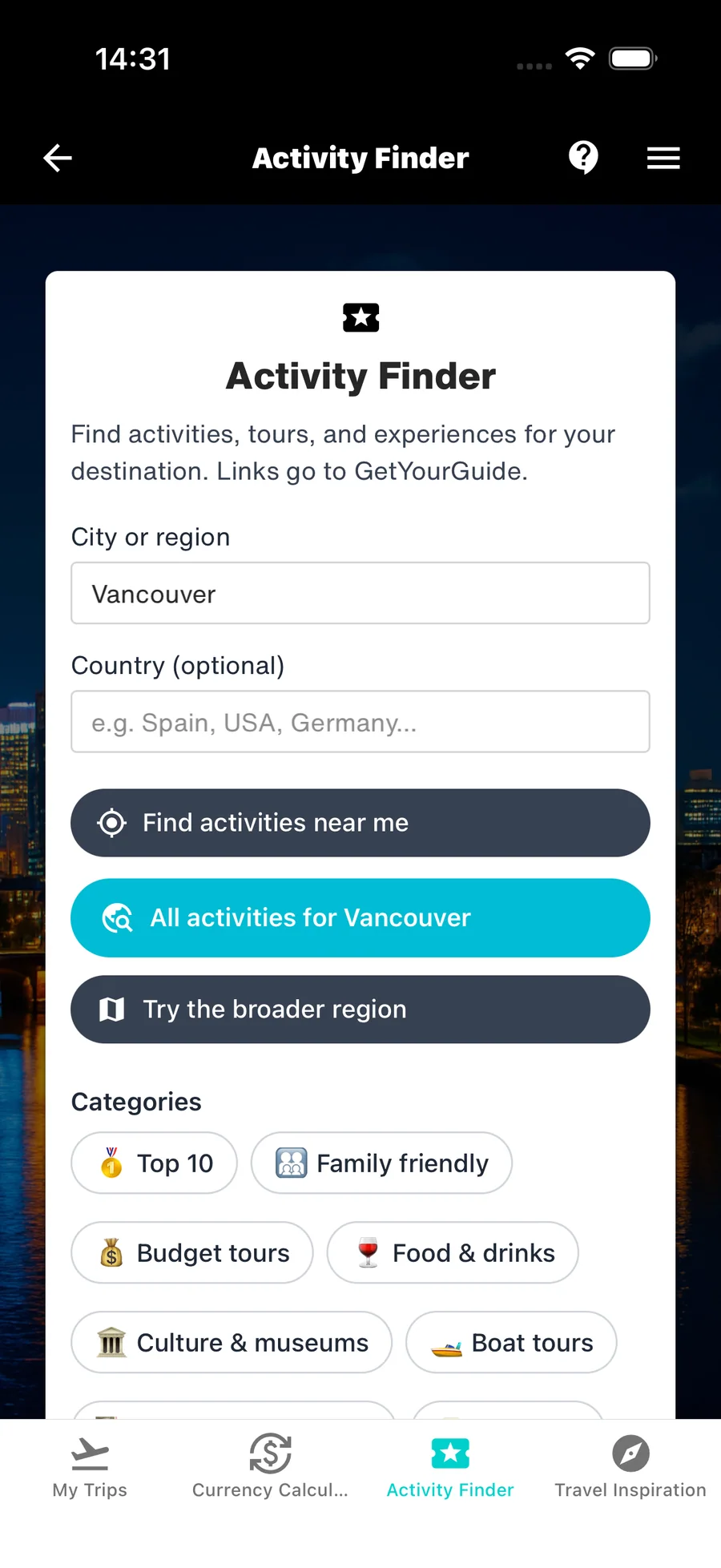 WanderSpend Activity Finder mit GetYourGuide Touren und familienfreundlichen Aktivitäten für Vancouver