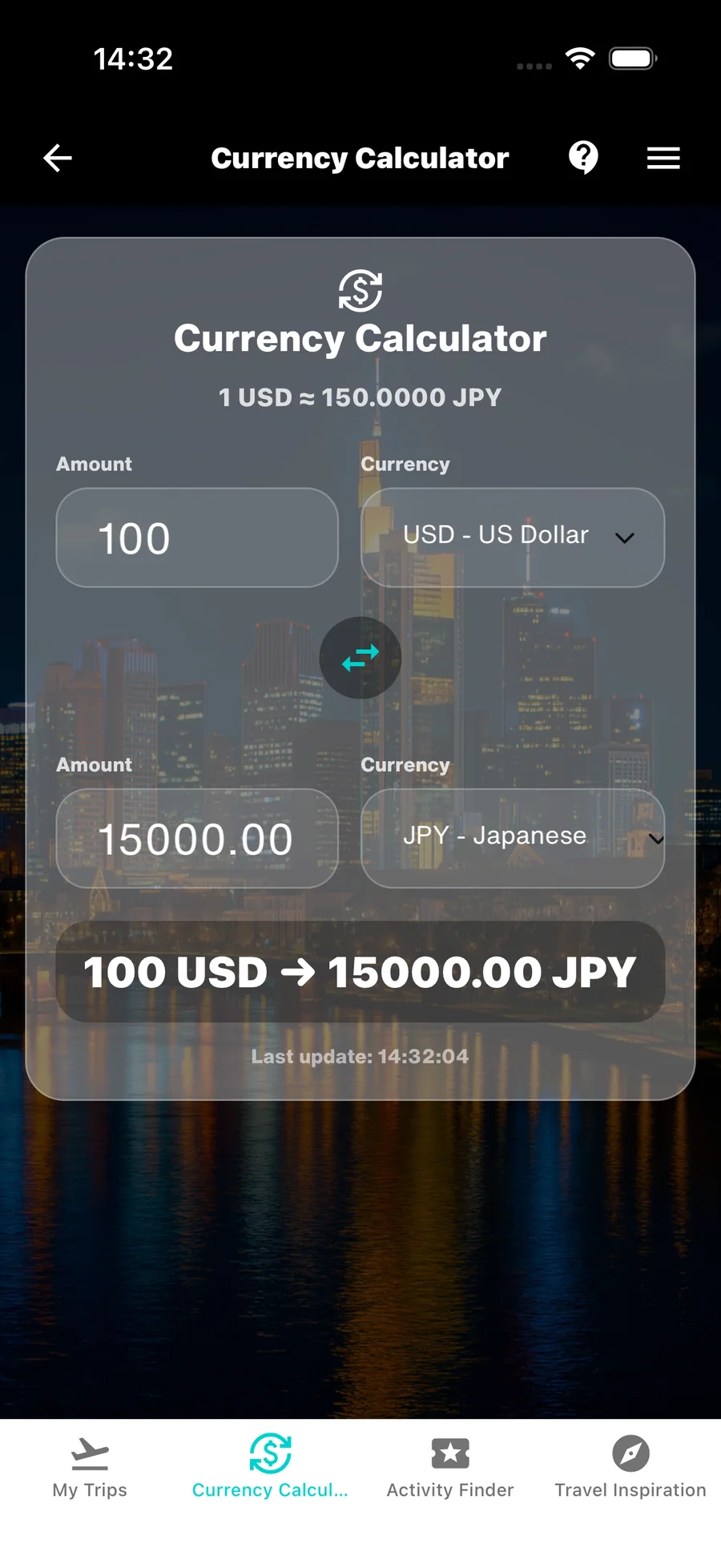 Currency Calculator WanderSpend offline che converte 100 dollari statunitensi in yen con l’ultimo tasso caricato