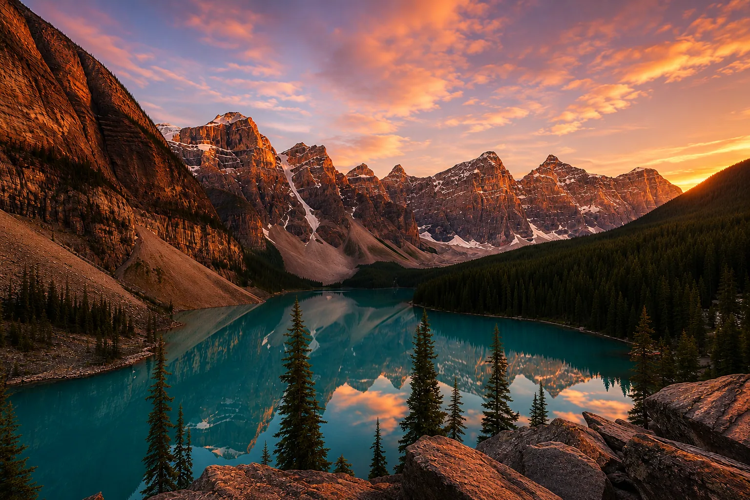 Lago di montagna canadese al tramonto